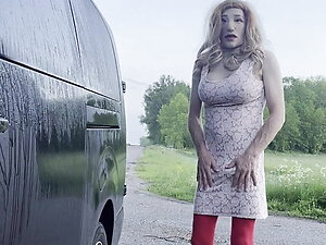 Walking outside pink dress